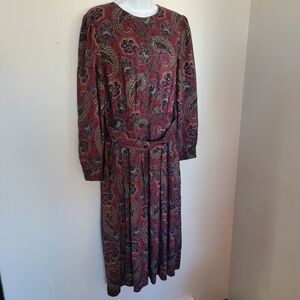 Lanz Vintage 70s Dress Dark Colors Paisley Floral Print Long Sleeve Button Back